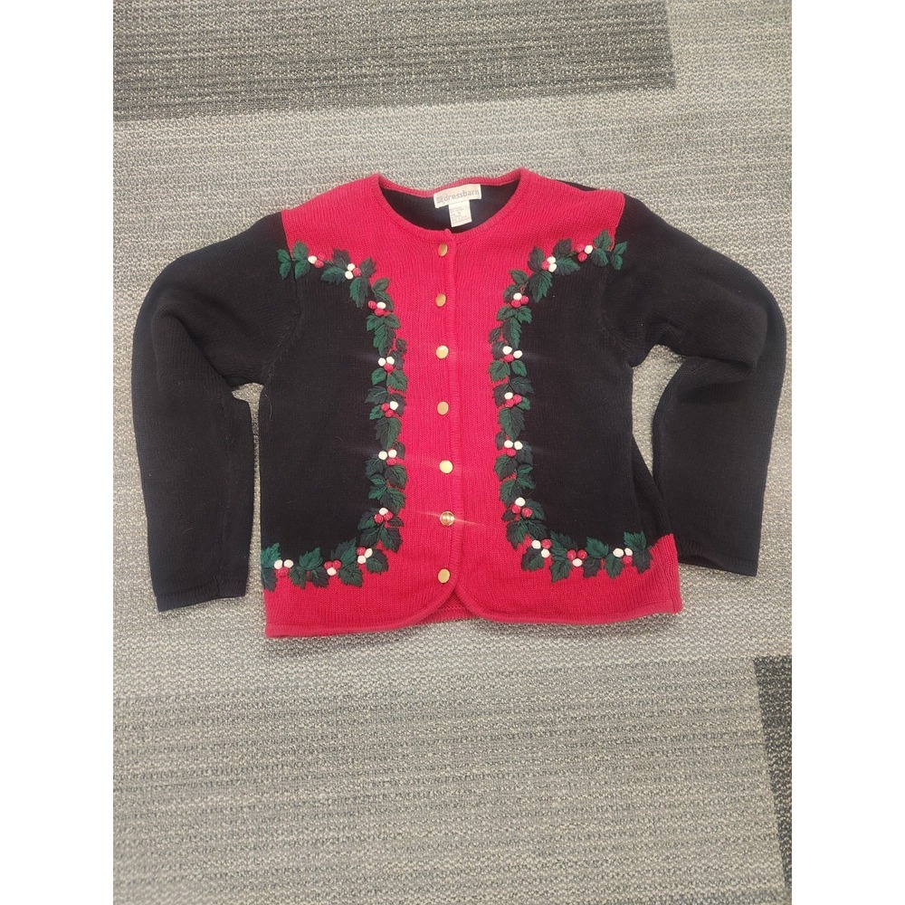 VTG Dress Barn Christmas Cardigan Red Black Holly Berry Sweater Gold Buttons Med